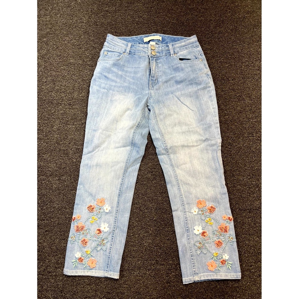 Cato Jeans Womens 4 Blue Floral Embroidery Denim Cotton Stretch Straight Leg